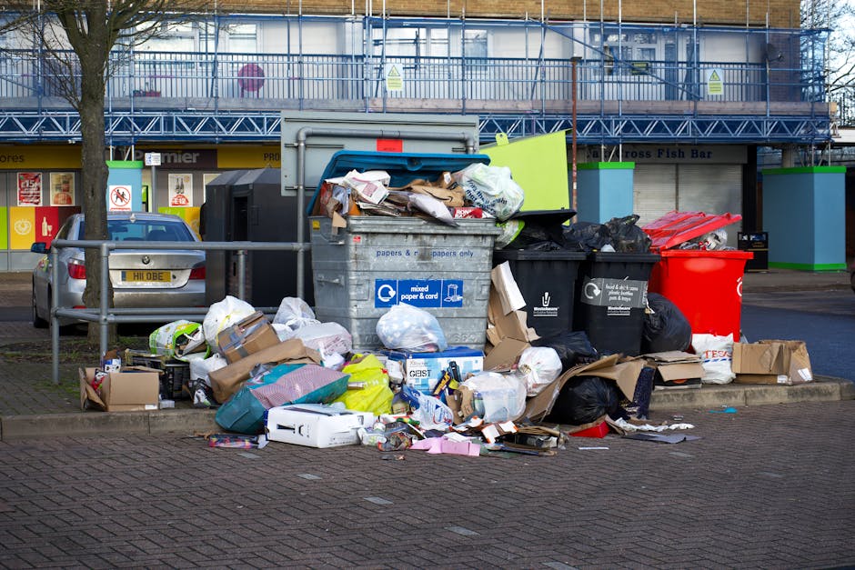 A row of large, rectangular wheelie bins lined up outdoors on a concrete pavement beside a brick wall, with the green bin closest to the camera and the others extending into the background. The green bin has a ribbed lid with a smooth finish, and the blue and red bins feature matching design details with hinged lids, all made of durable plastic material. The bins are set against an environment that appears to be a residential street or alley, with other bins visible further back, slightly blurred. The photograph captures the bins from a side angle, emphasizing their uniformity and the variety of colours used for waste segregation, with natural daylight illuminating the scene. This arrangement suggests a typical setting for private waste disposal, akin to independent collection services, commonly seen in the context of alternative waste handling or rubbish removal in urban areas, supporting the context of local authority or private rubbish collection options.